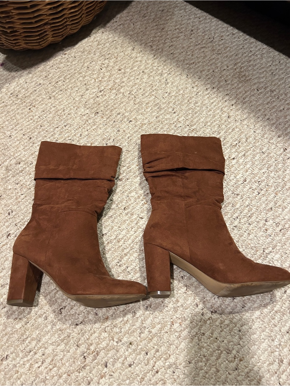 Brown Suede Mid-Calf Block Heel Boots